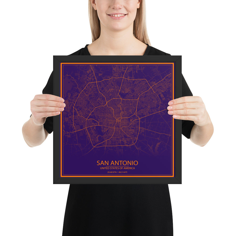 San Antonio Purple and Orange Framed Map