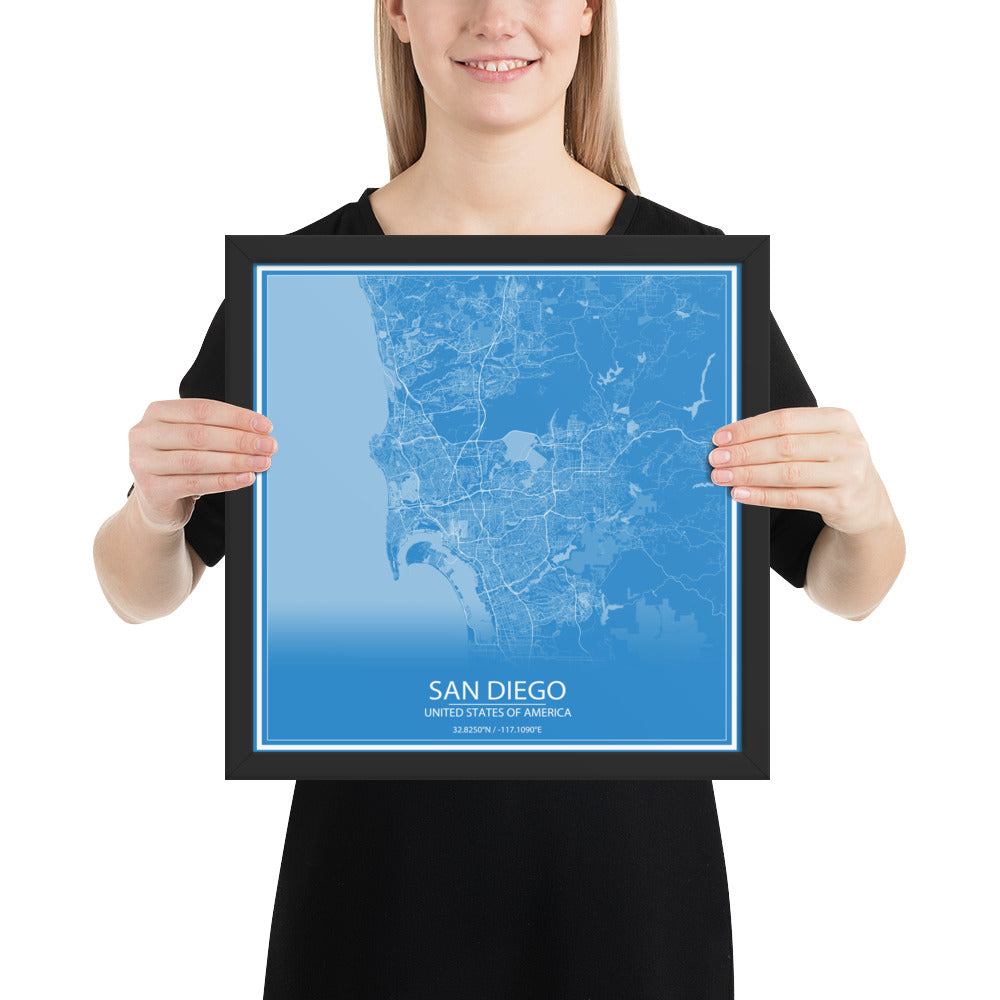 San Diego Blue and White Framed Map