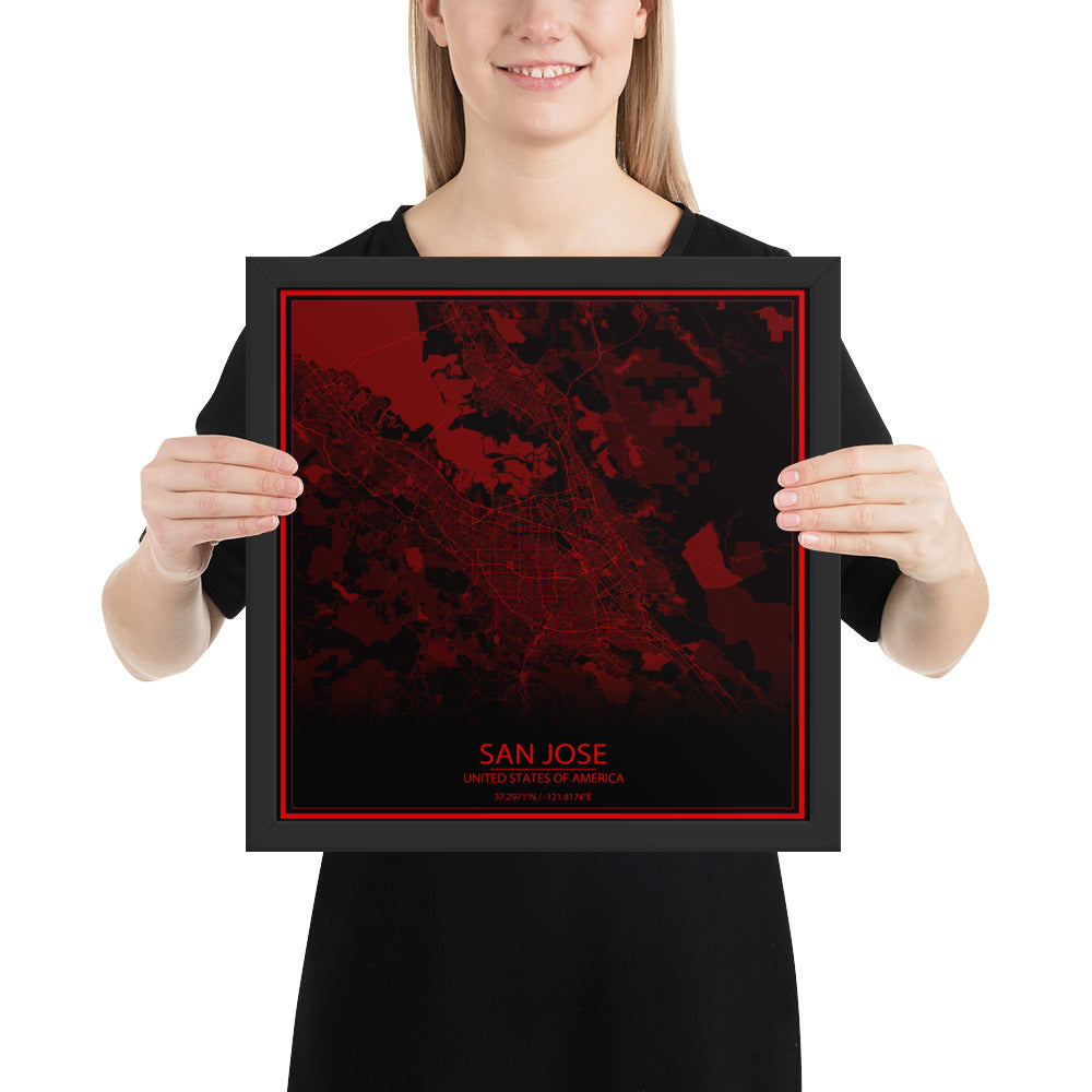 San Jose Black and Red Framed Map