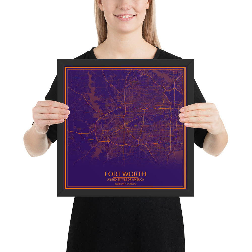 Fort Worth Purple and Orange Framed Map