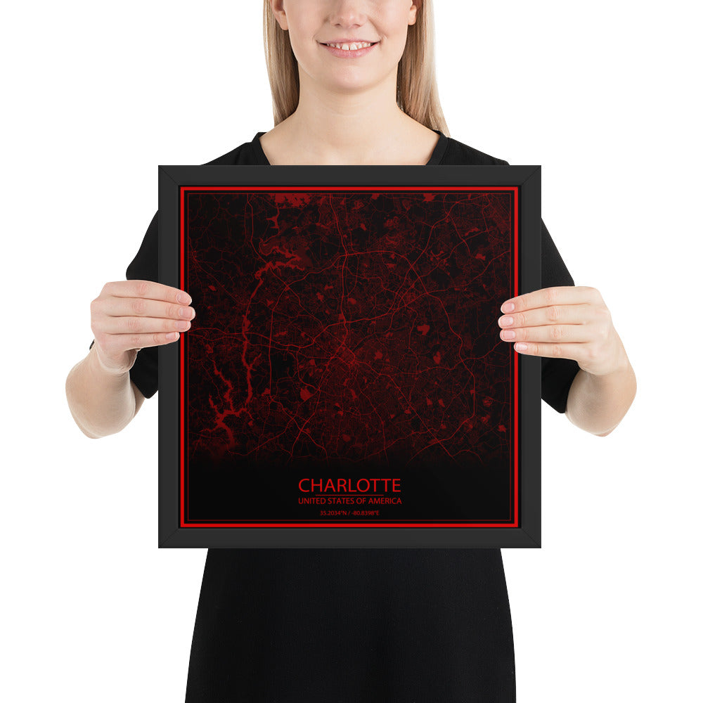 Charlotte Black and Red Framed Map
