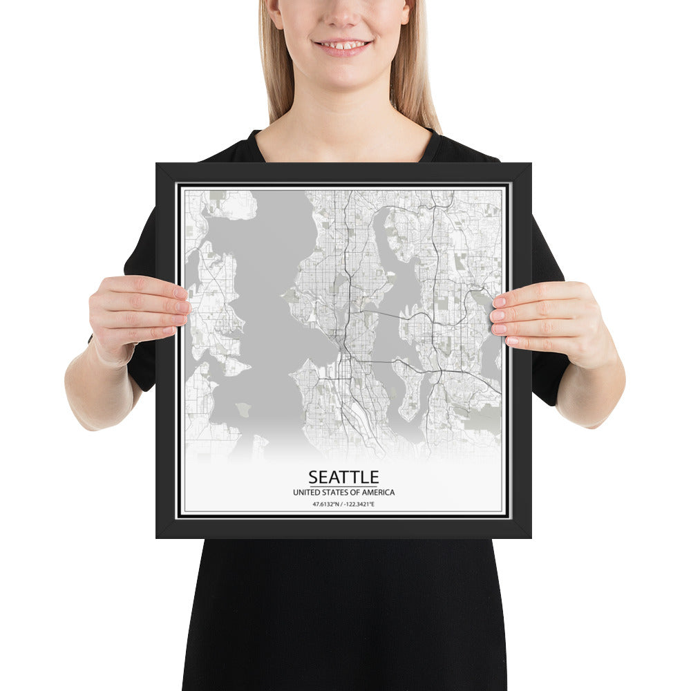 Seattle White Framed Map