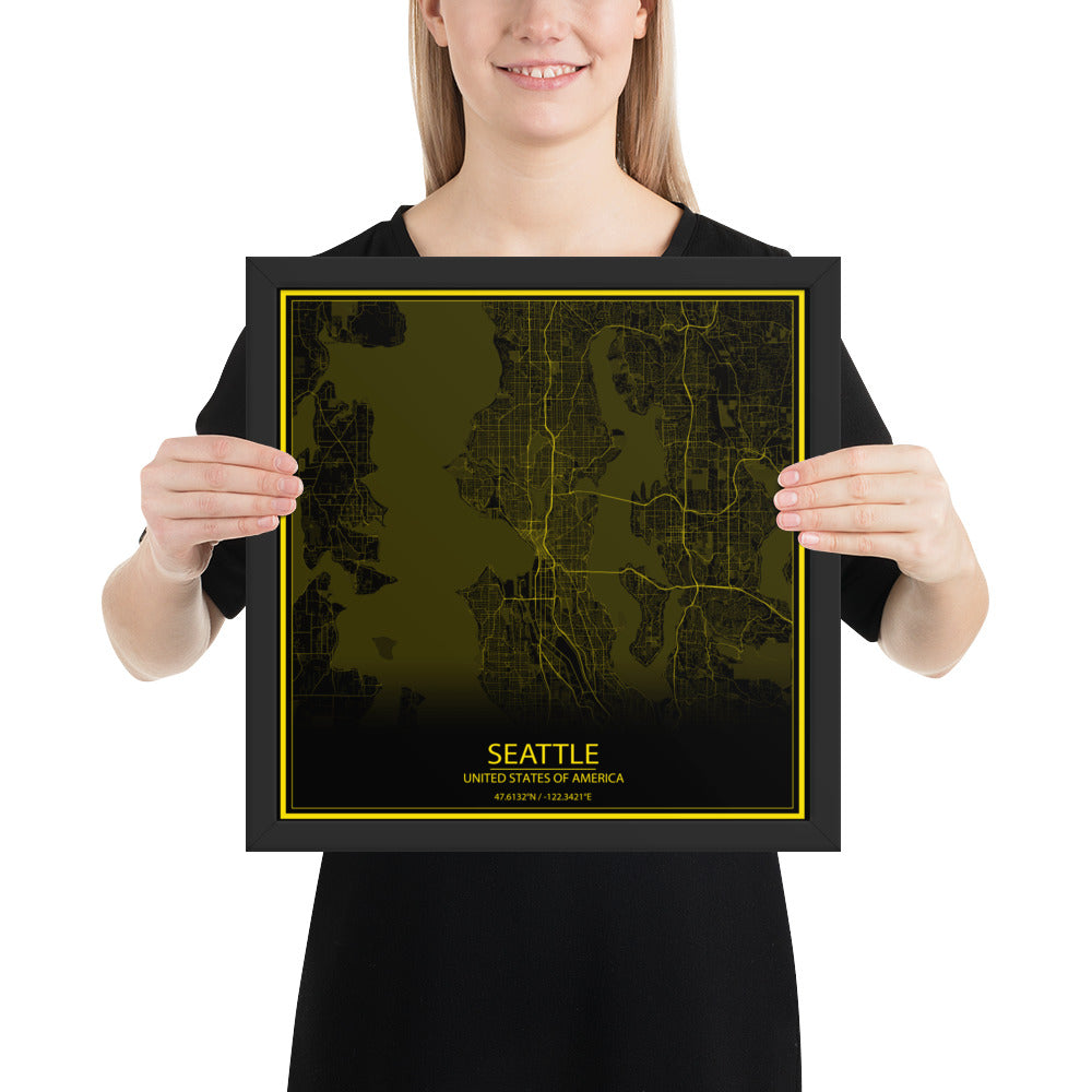Seattle Black and Yellow Framed Map