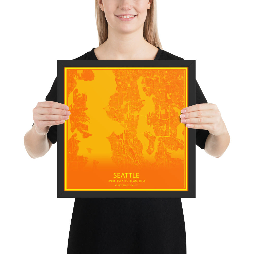 Seattle Orange and Yellow Framed Map