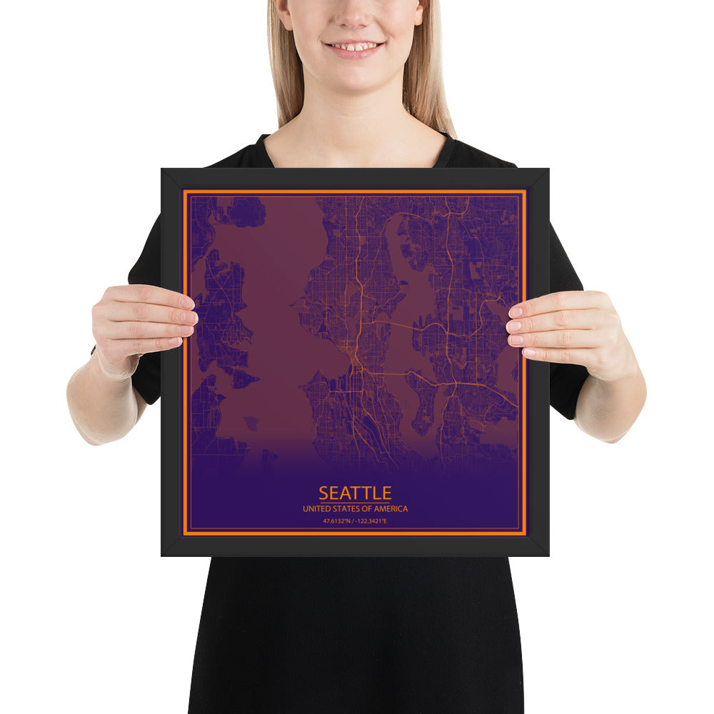 Seattle Purple and Orange Framed Map