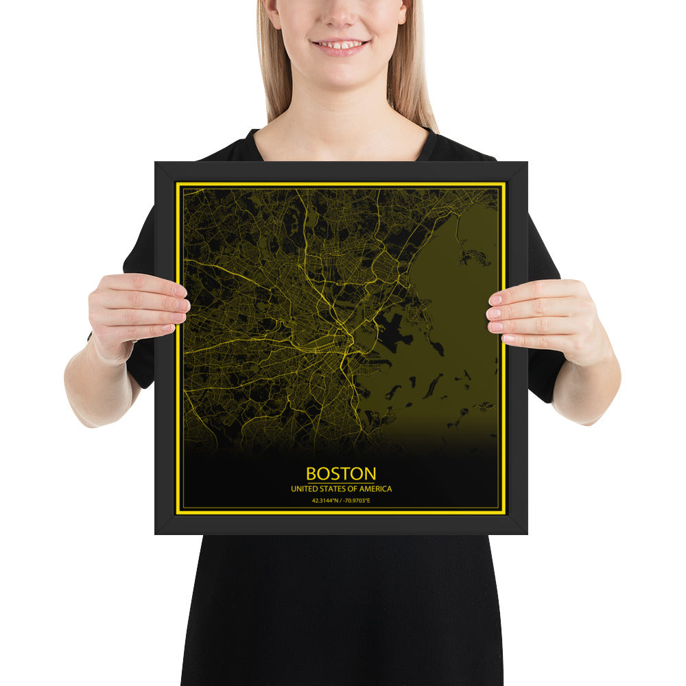 Boston Black and Yellow Framed Map