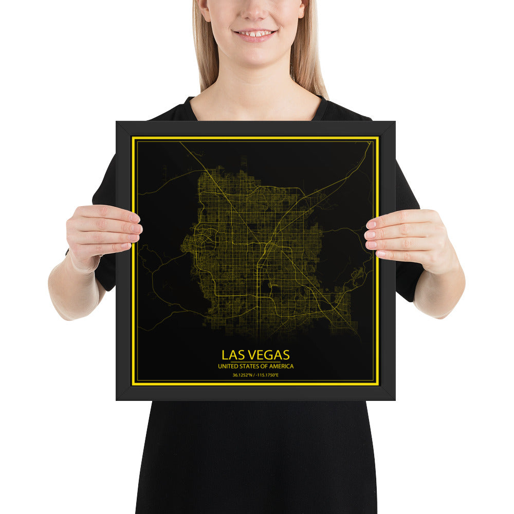 Las Vegas Black and Yellow Framed Map
