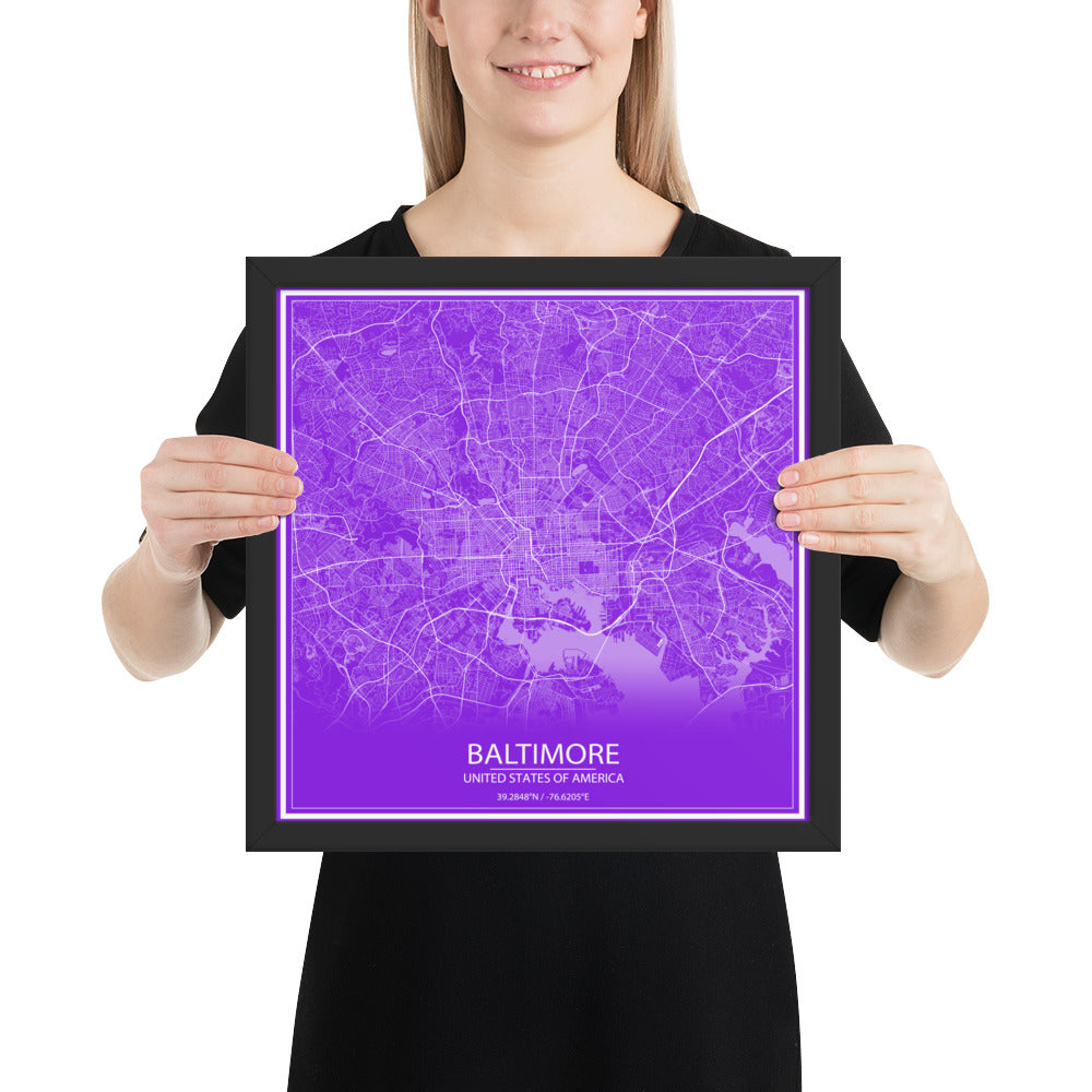 Baltimore Purple and White Framed Map
