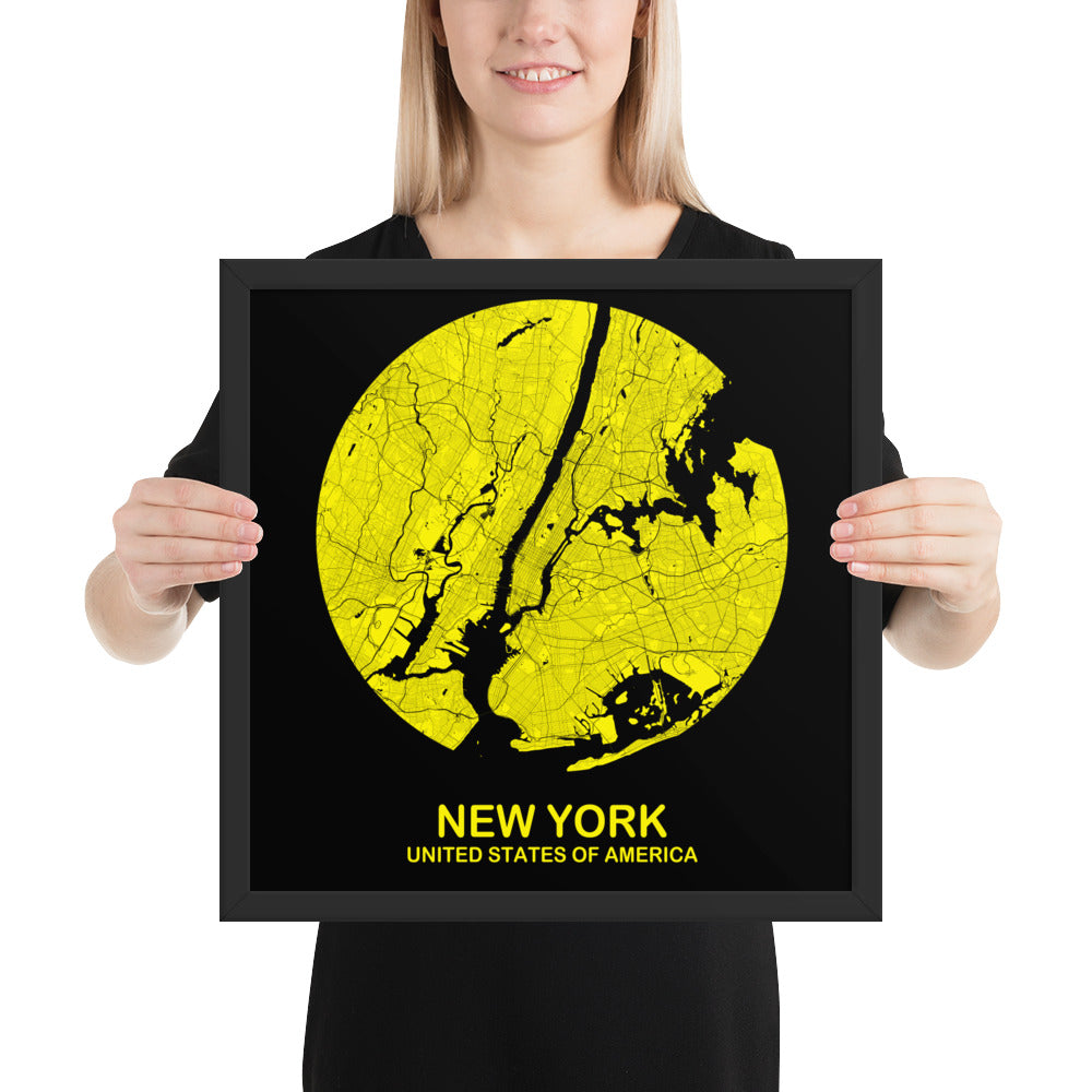 New York Circular Yellow Framed Map