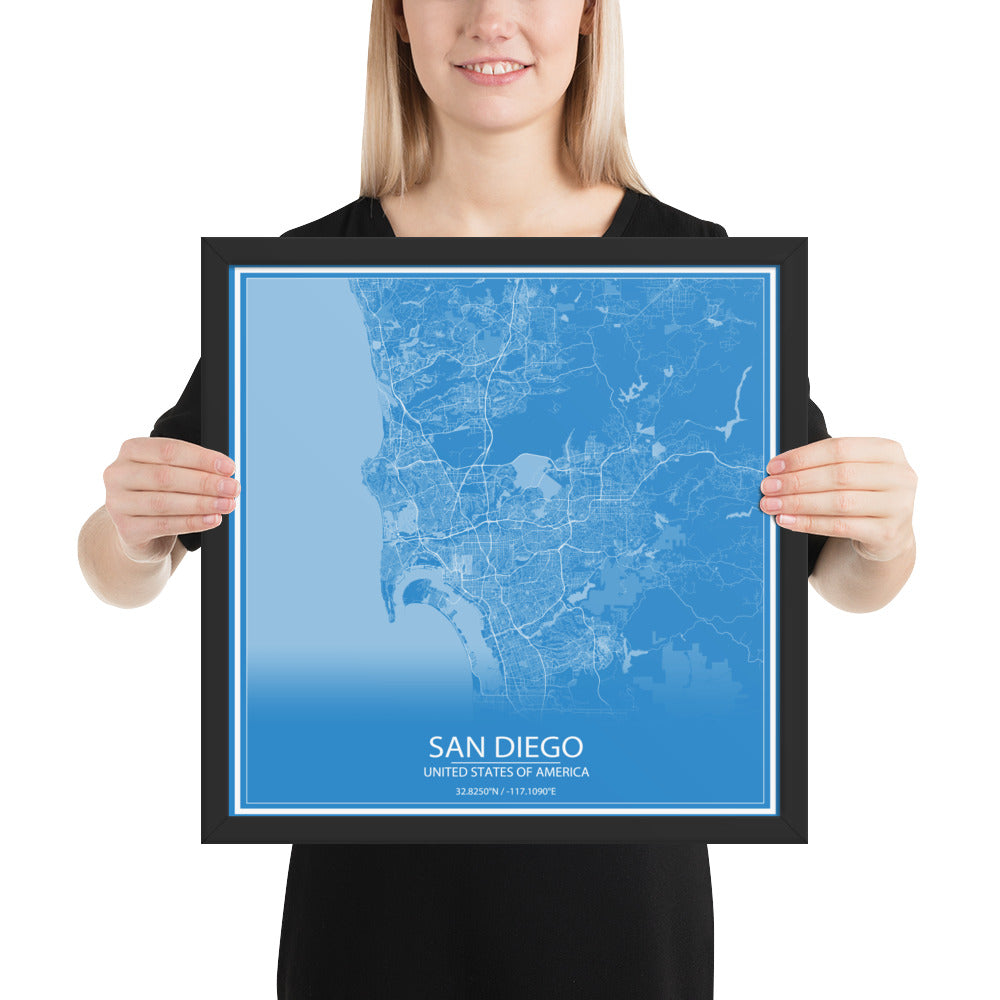 San Diego Blue and White Framed Map