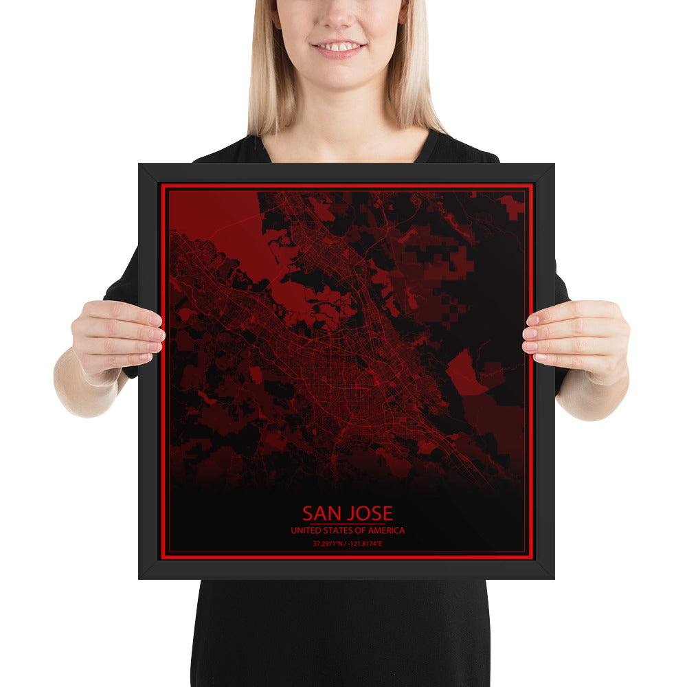 San Jose Black and Red Framed Map