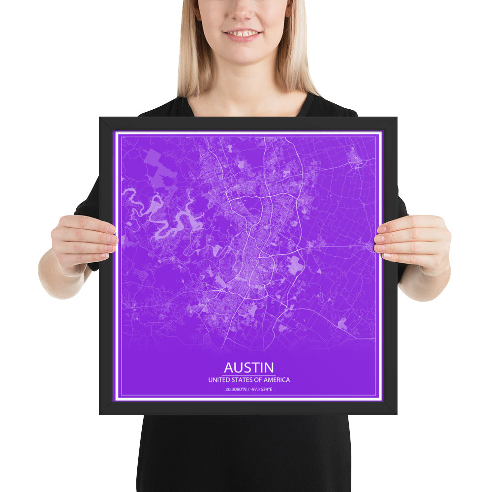 Austin Purple and White Framed Map