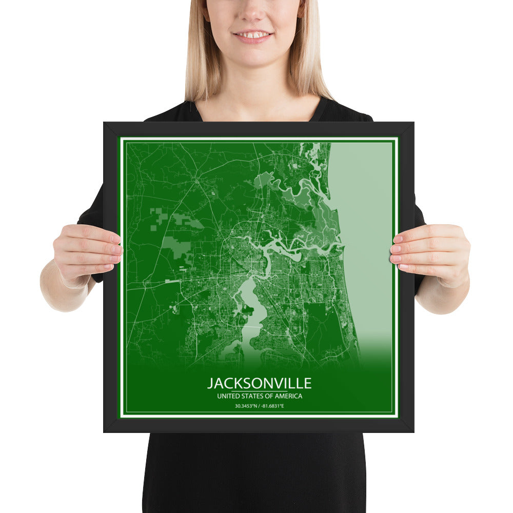Jacksonville Green and White Framed Map