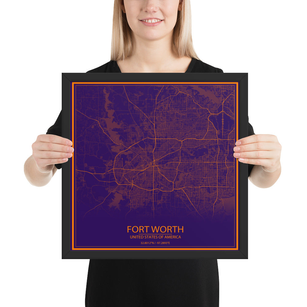 Fort Worth Purple and Orange Framed Map