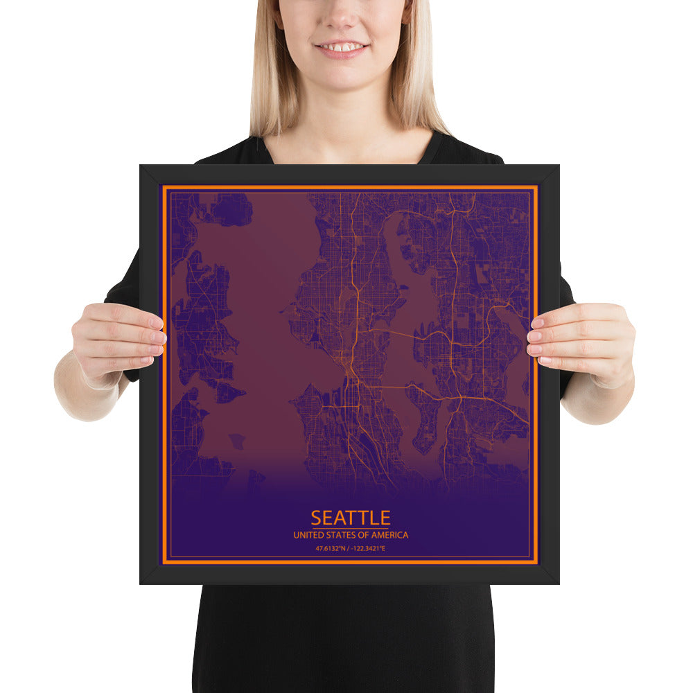 Seattle Purple and Orange Framed Map