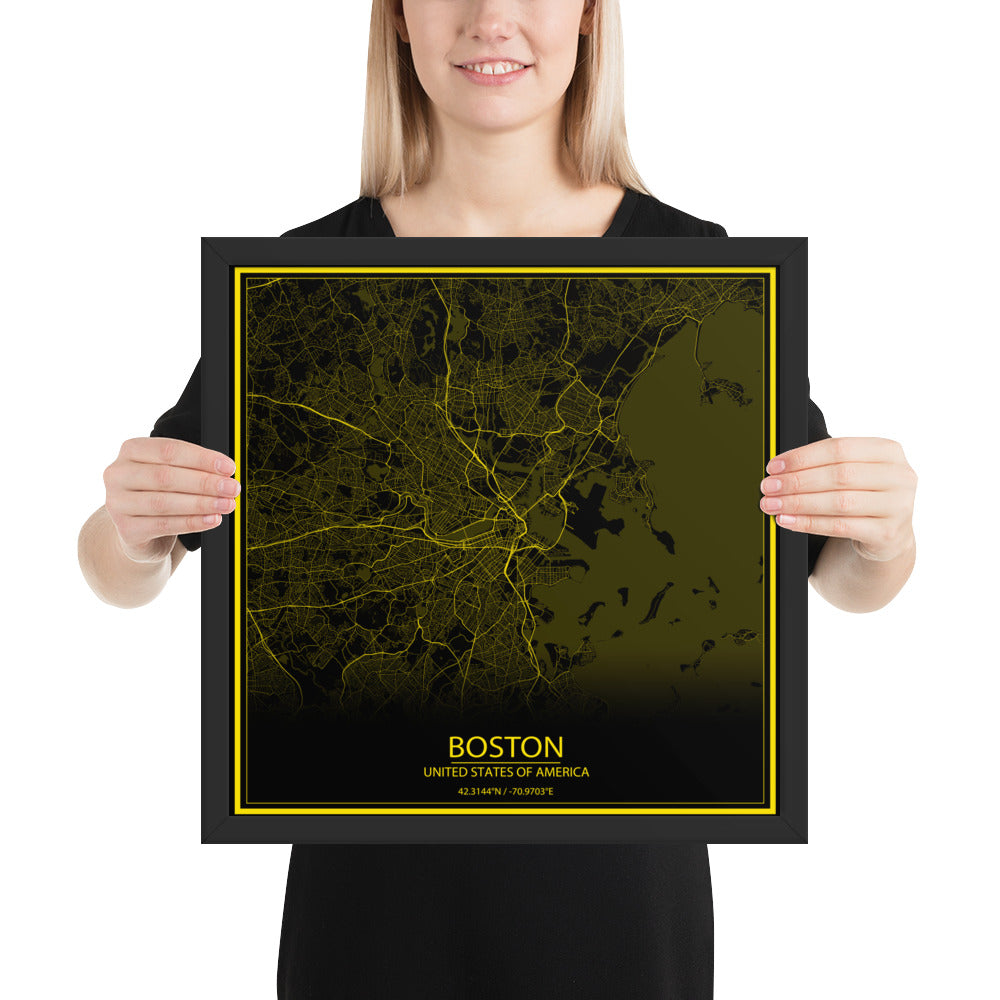 Boston Black and Yellow Framed Map