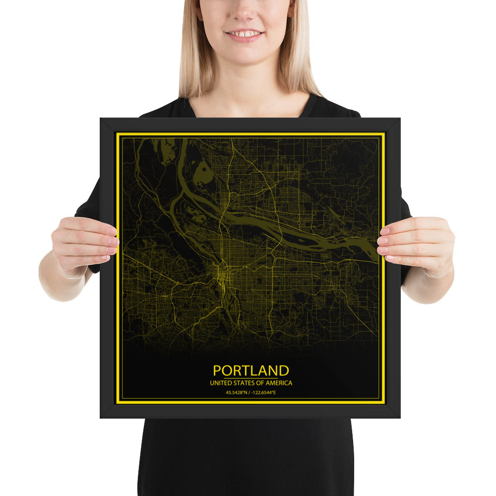 Portland Black and Yellow Framed Map