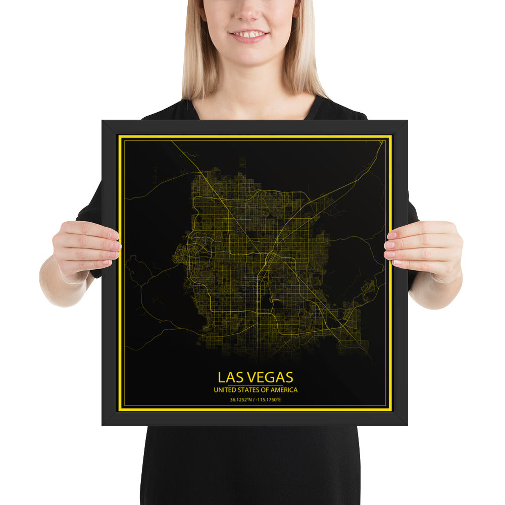 Las Vegas Black and Yellow Framed Map