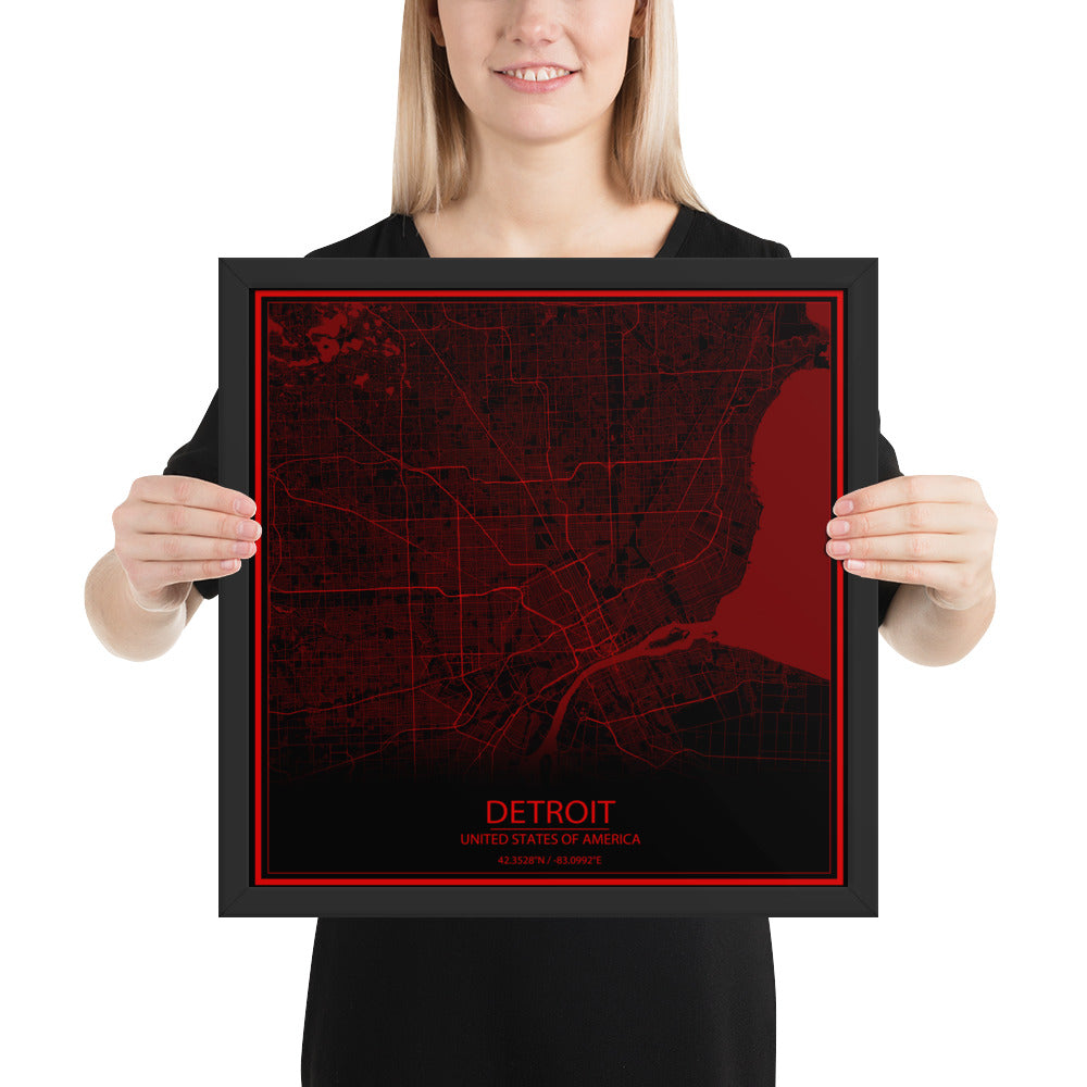 Detroit Black and Red Framed Map
