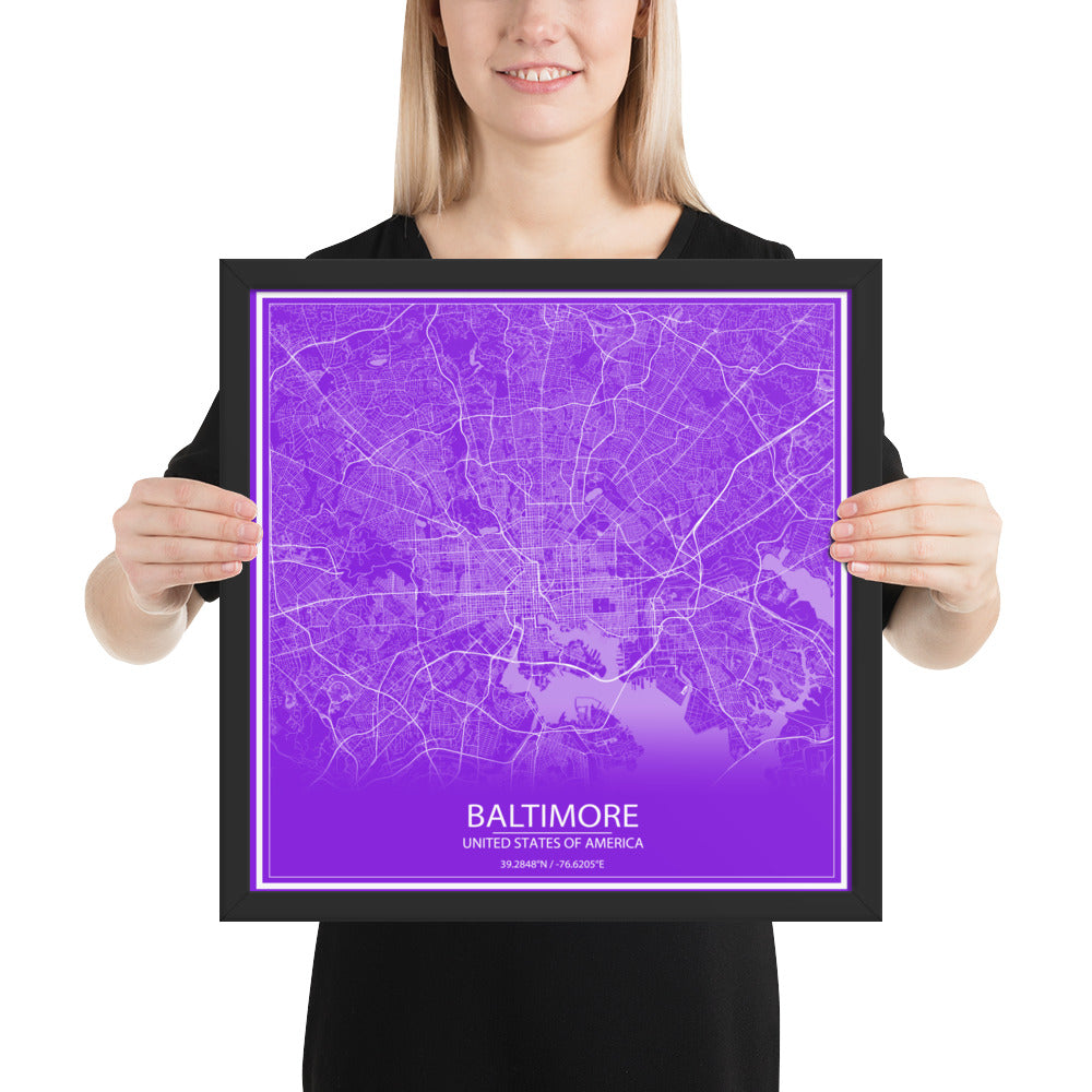 Baltimore Purple and White Framed Map