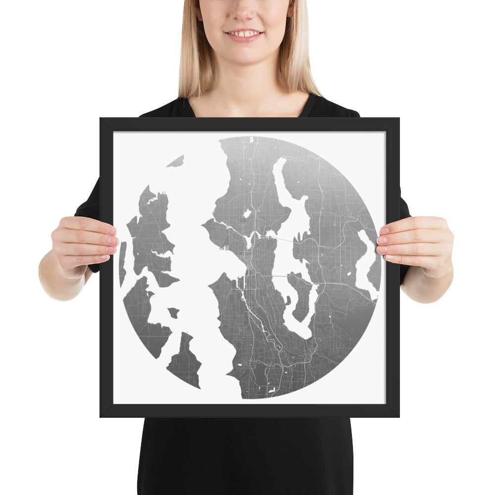 Seattle Silver on White Framed Map