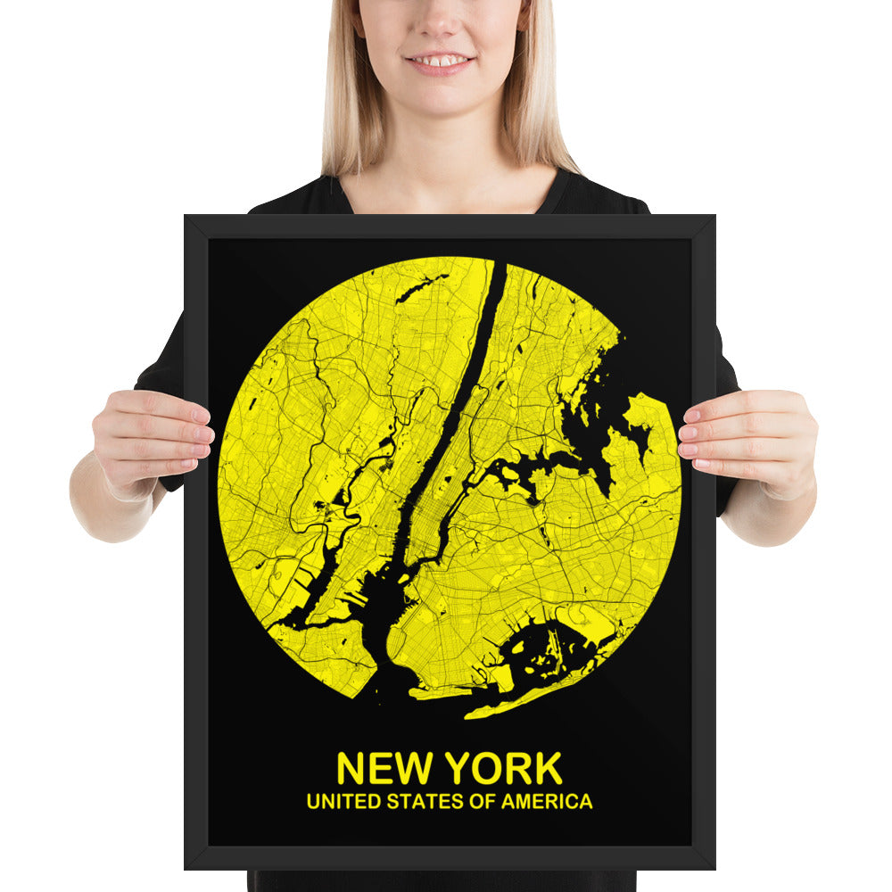 New York Circular Yellow Framed Map