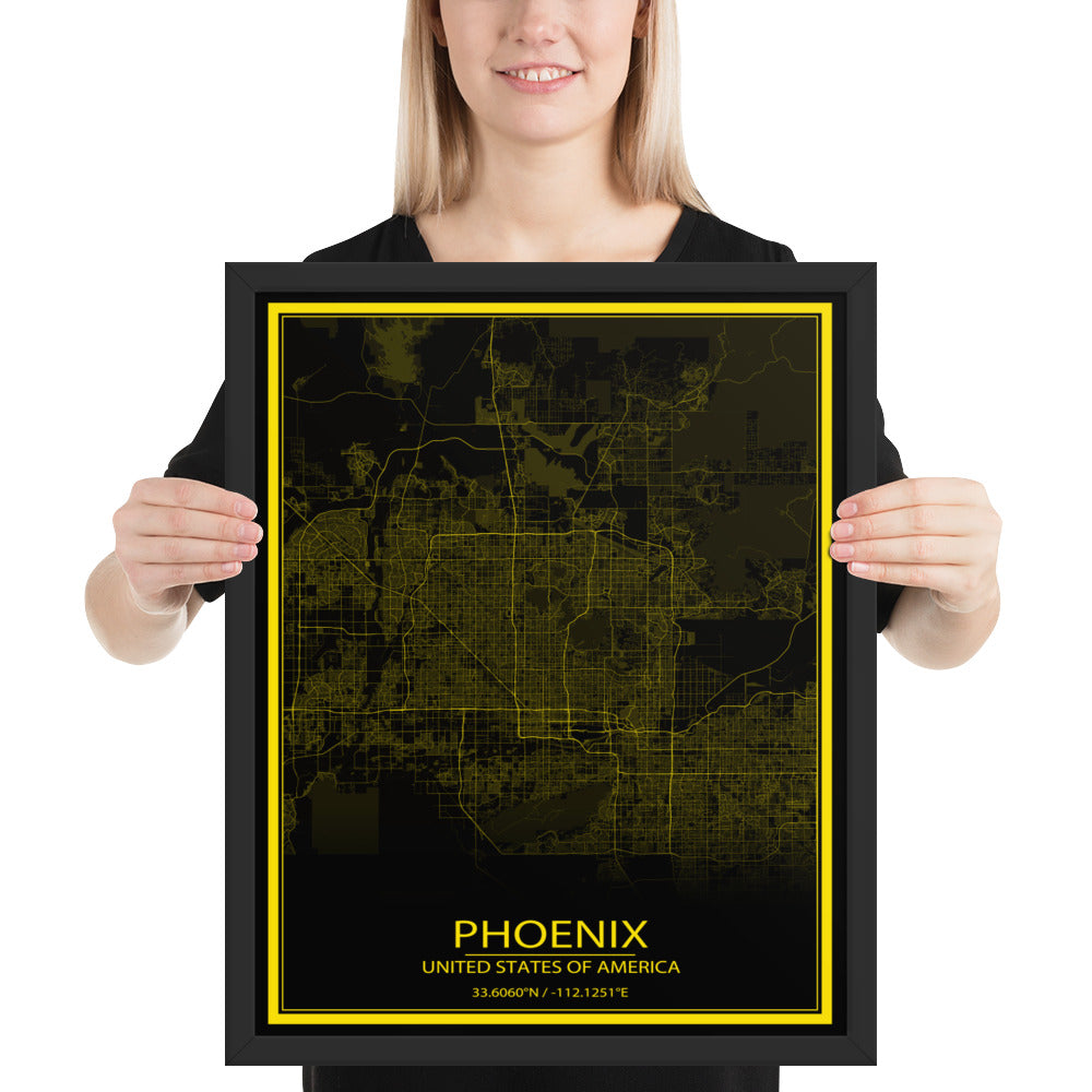 Phoenix Black and Yellow Framed Map