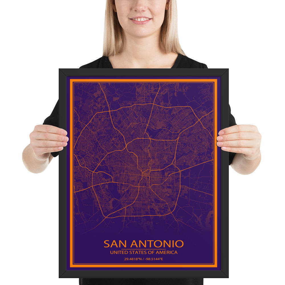 San Antonio Purple and Orange Framed Map