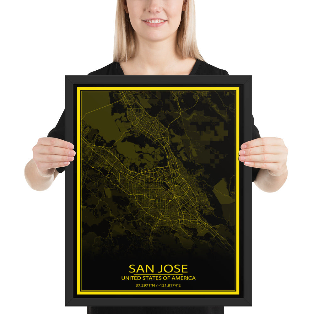 San Jose Black and Yellow Framed Map