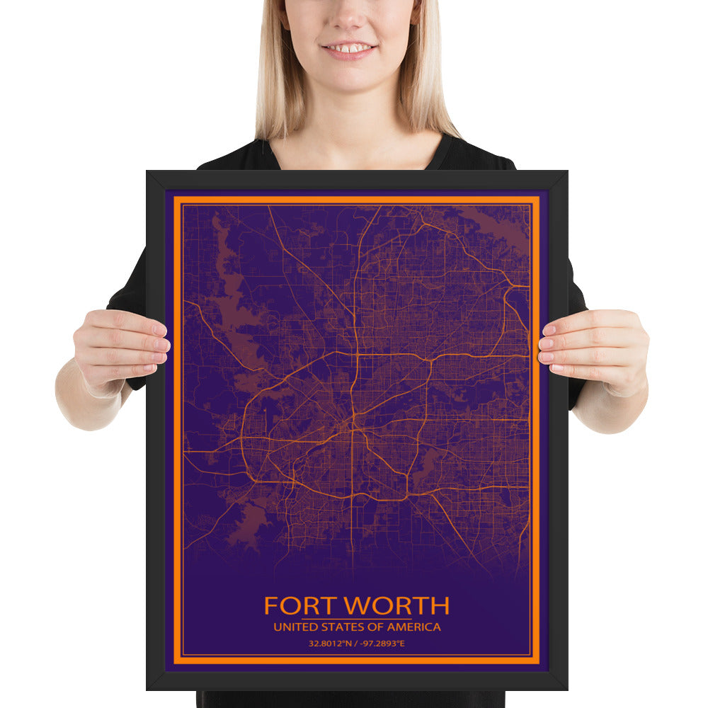 Fort Worth Purple and Orange Framed Map
