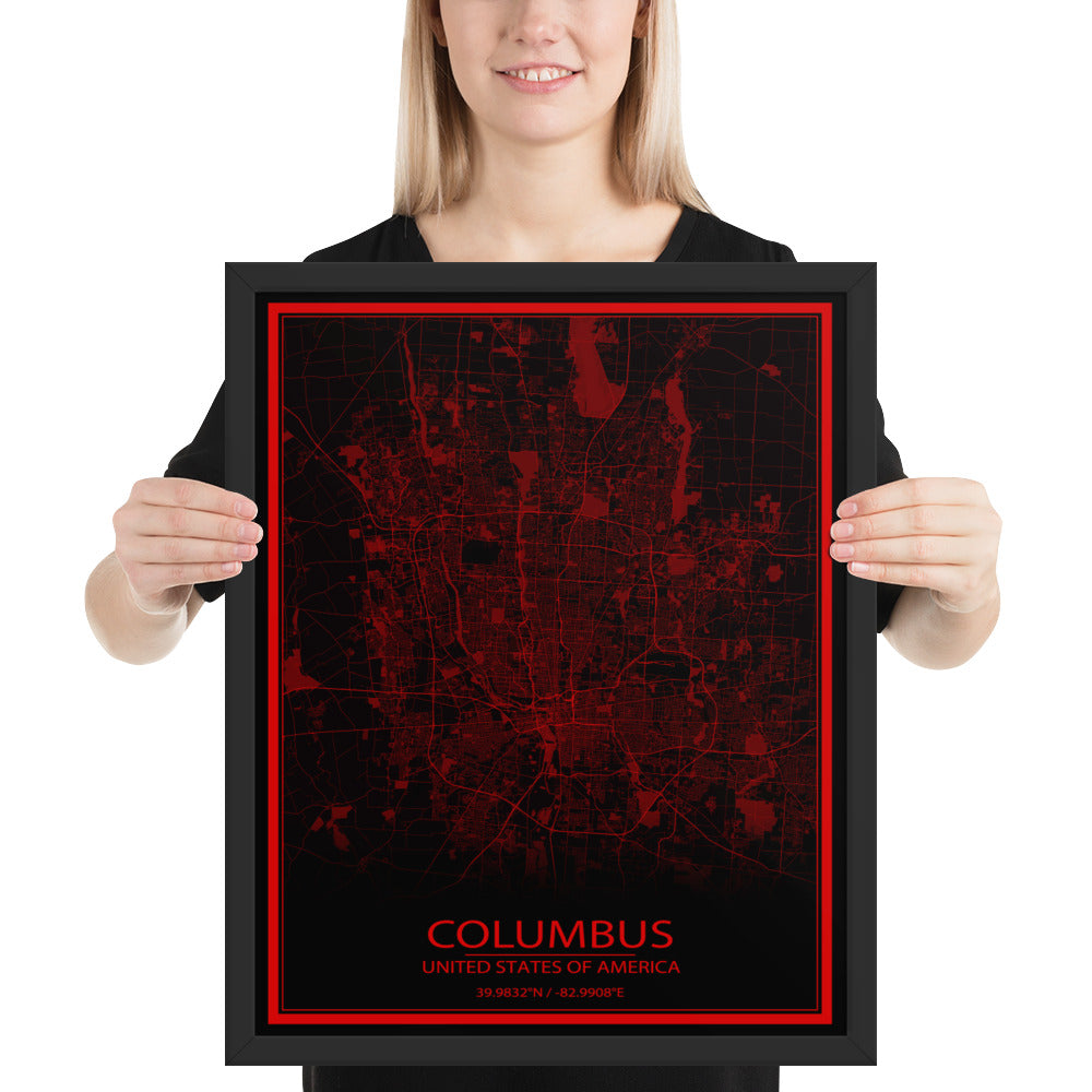 Columbus Black and Red Framed Map