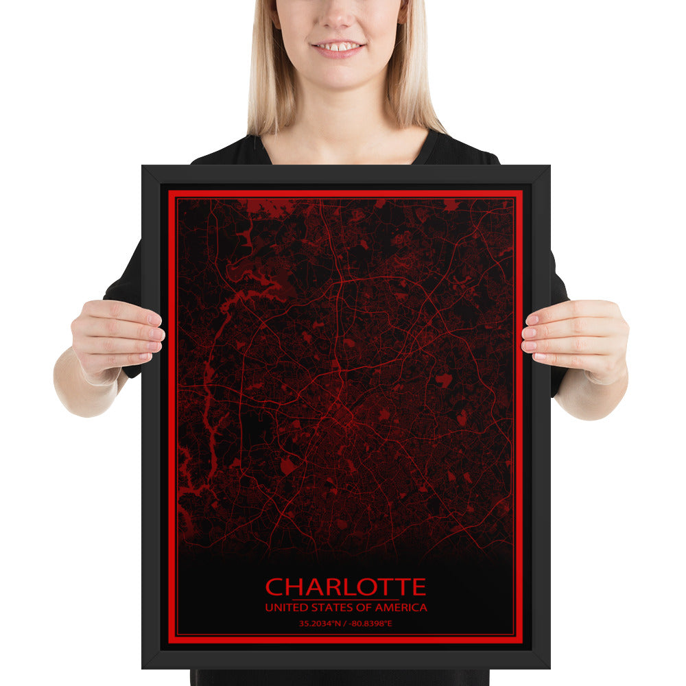Charlotte Black and Red Framed Map