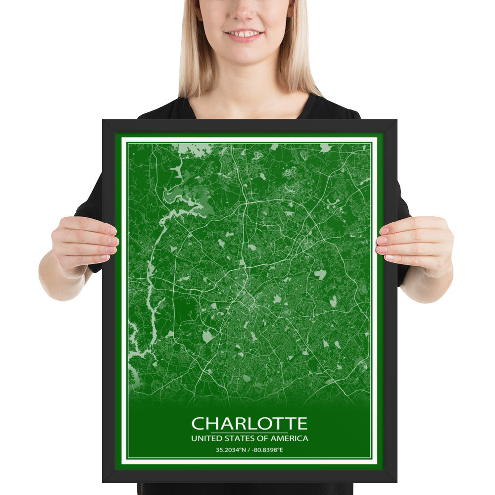 Charlotte Green and White Framed Map