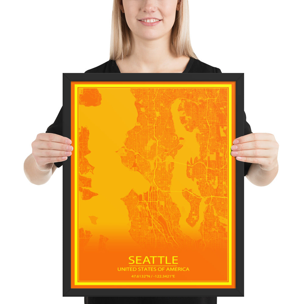 Seattle Orange and Yellow Framed Map
