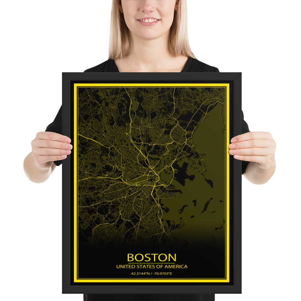 Boston Black and Yellow Framed Map