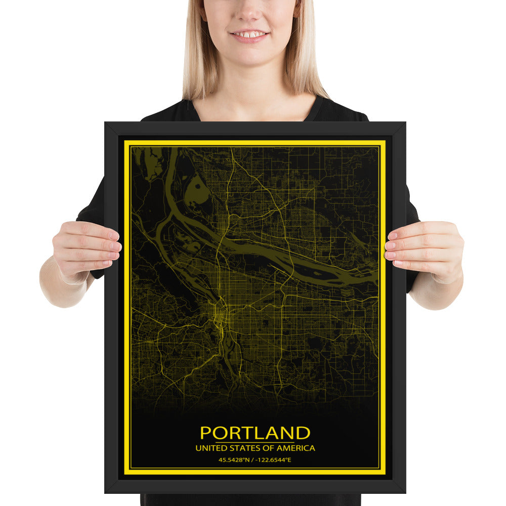 Portland Black and Yellow Framed Map