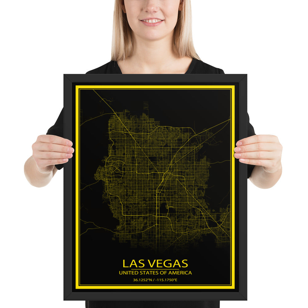Las Vegas Black and Yellow Framed Map