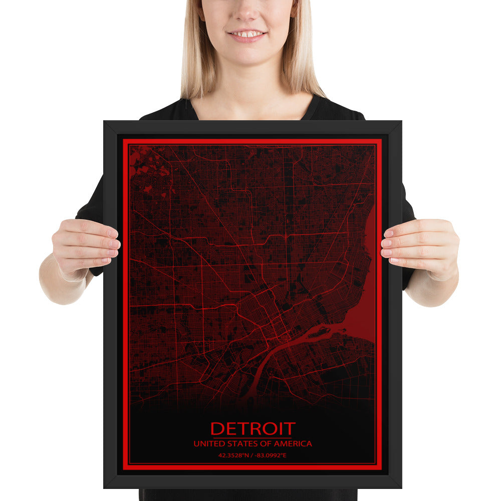 Detroit Black and Red Framed Map
