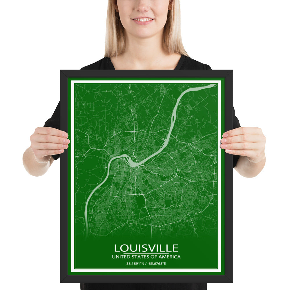 Louisville Green and White Framed Map