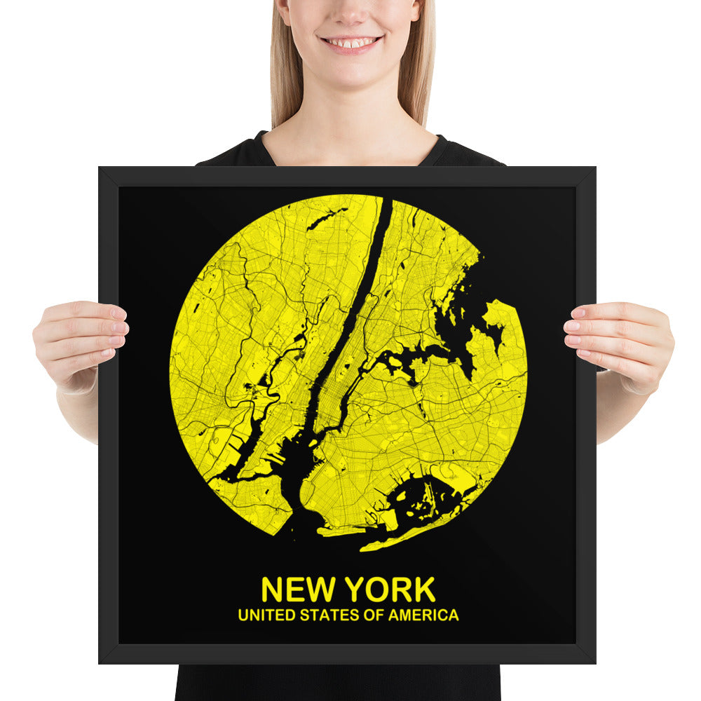 New York Circular Yellow Framed Map