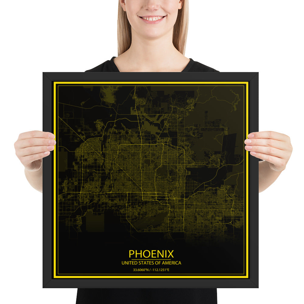 Phoenix Black and Yellow Framed Map
