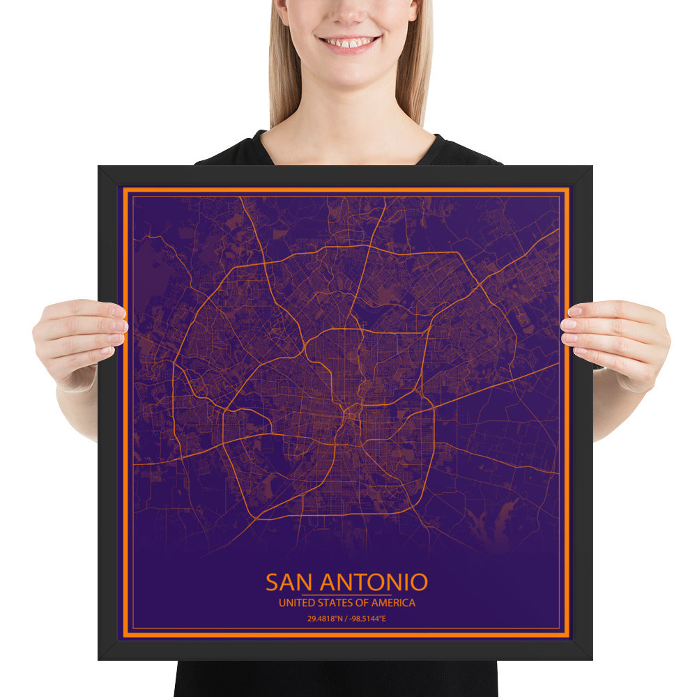 San Antonio Purple and Orange Framed Map