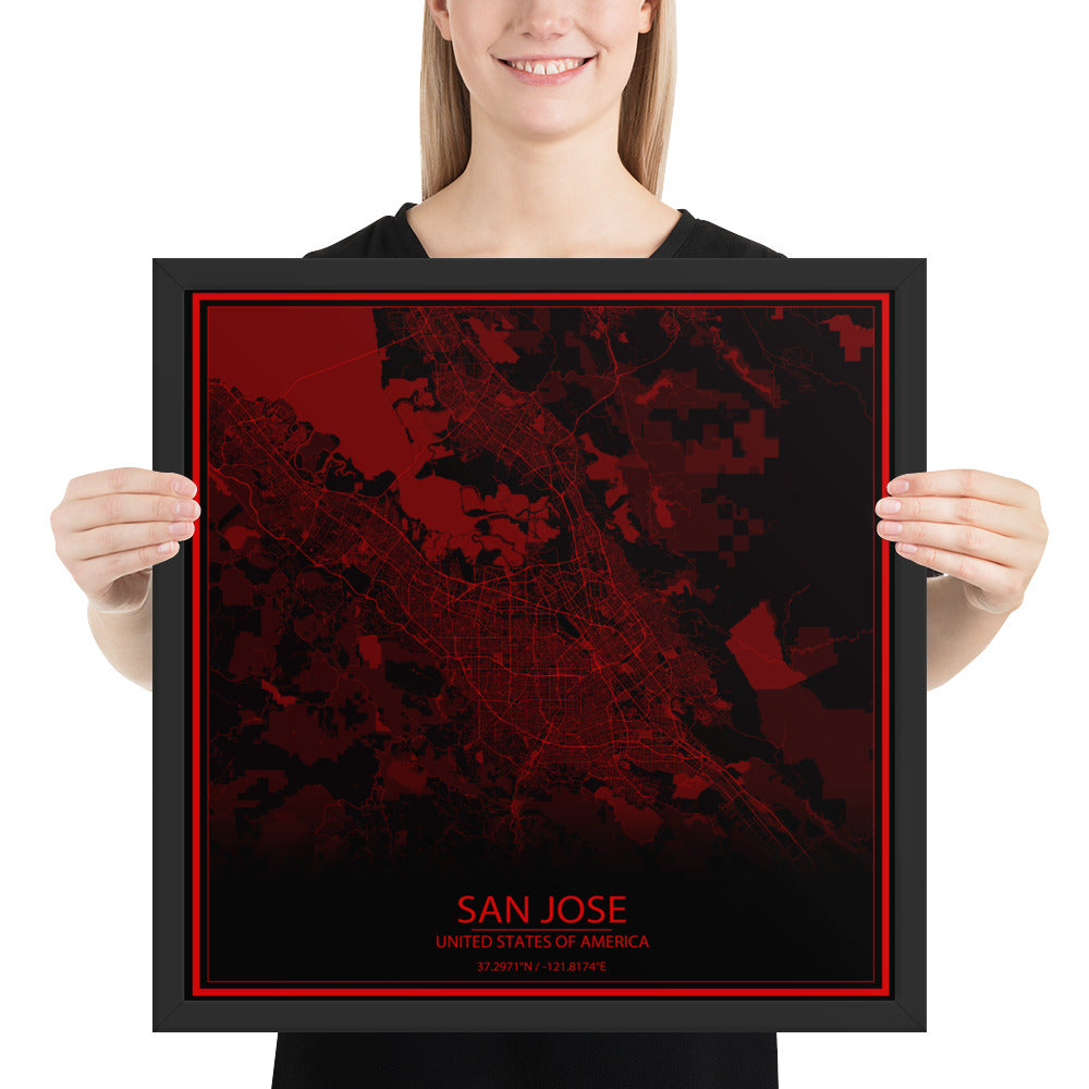 San Jose Black and Red Framed Map