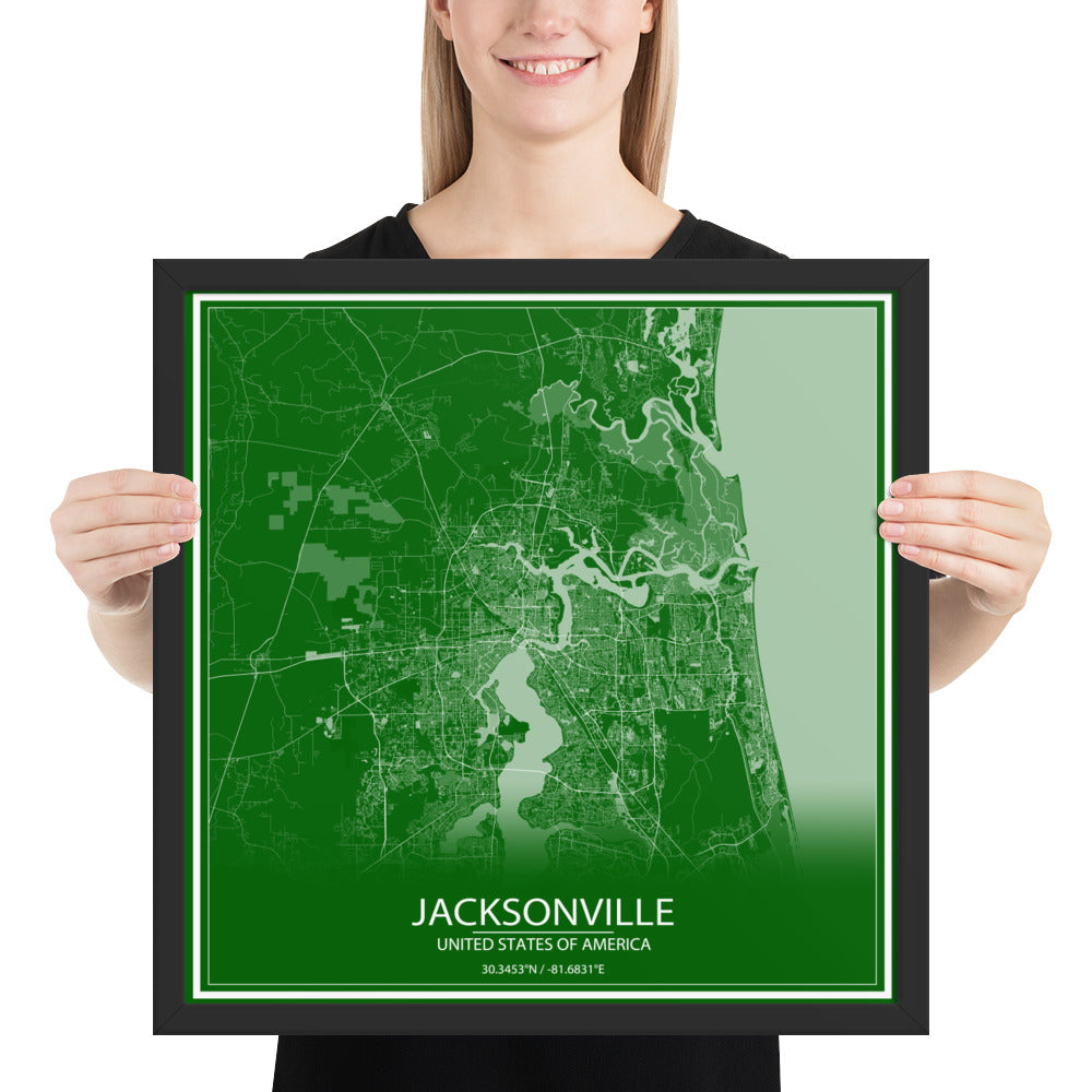 Jacksonville Green and White Framed Map