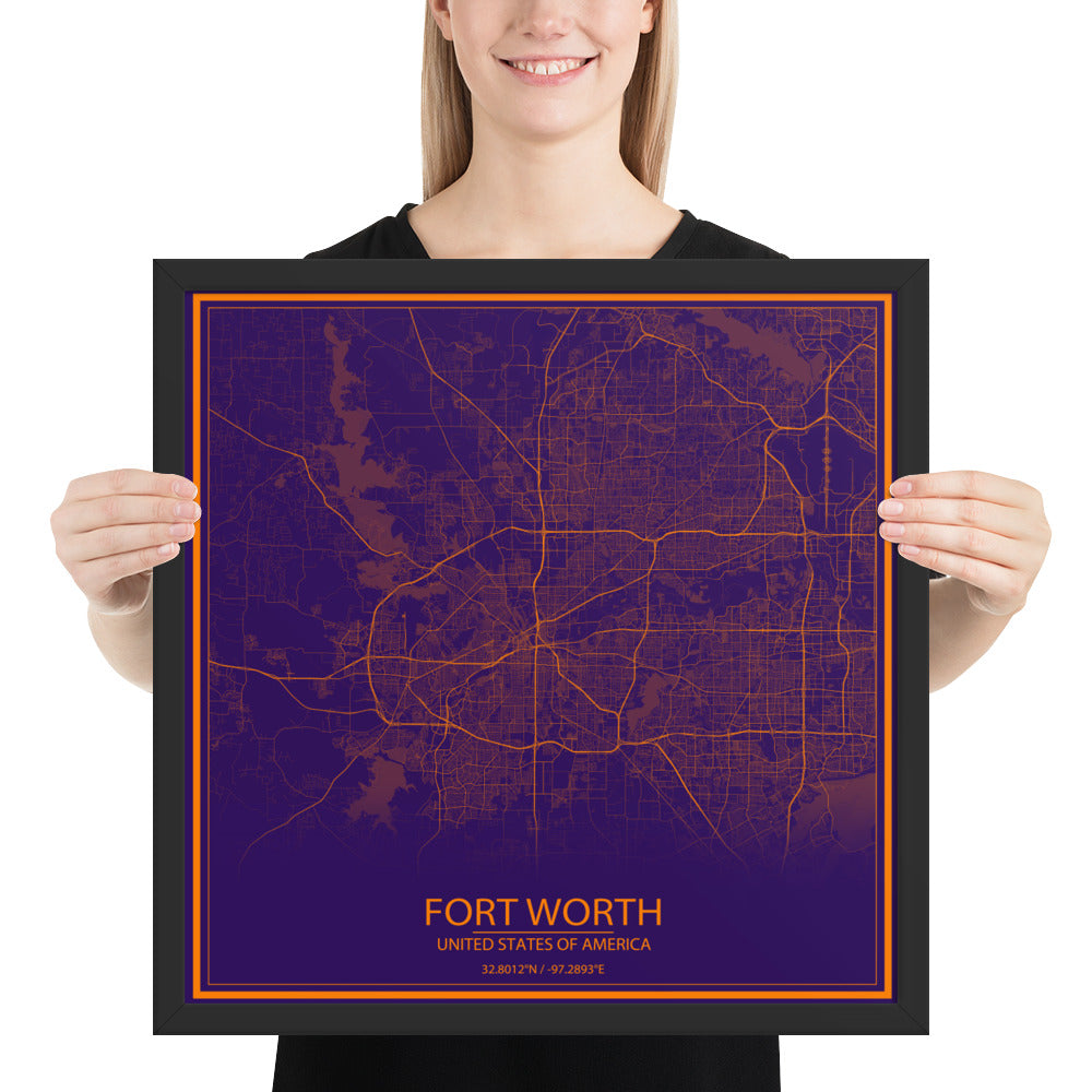 Fort Worth Purple and Orange Framed Map
