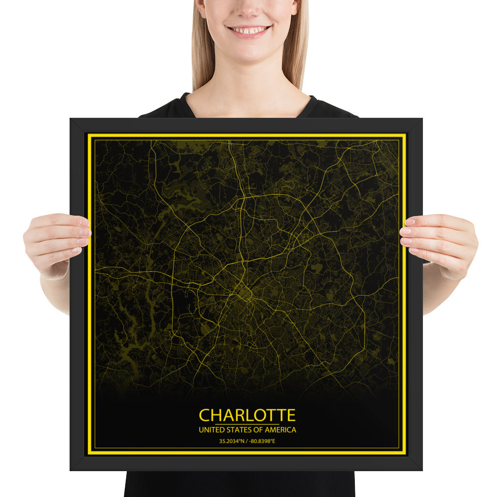 Charlotte Black and Yellow Framed Map