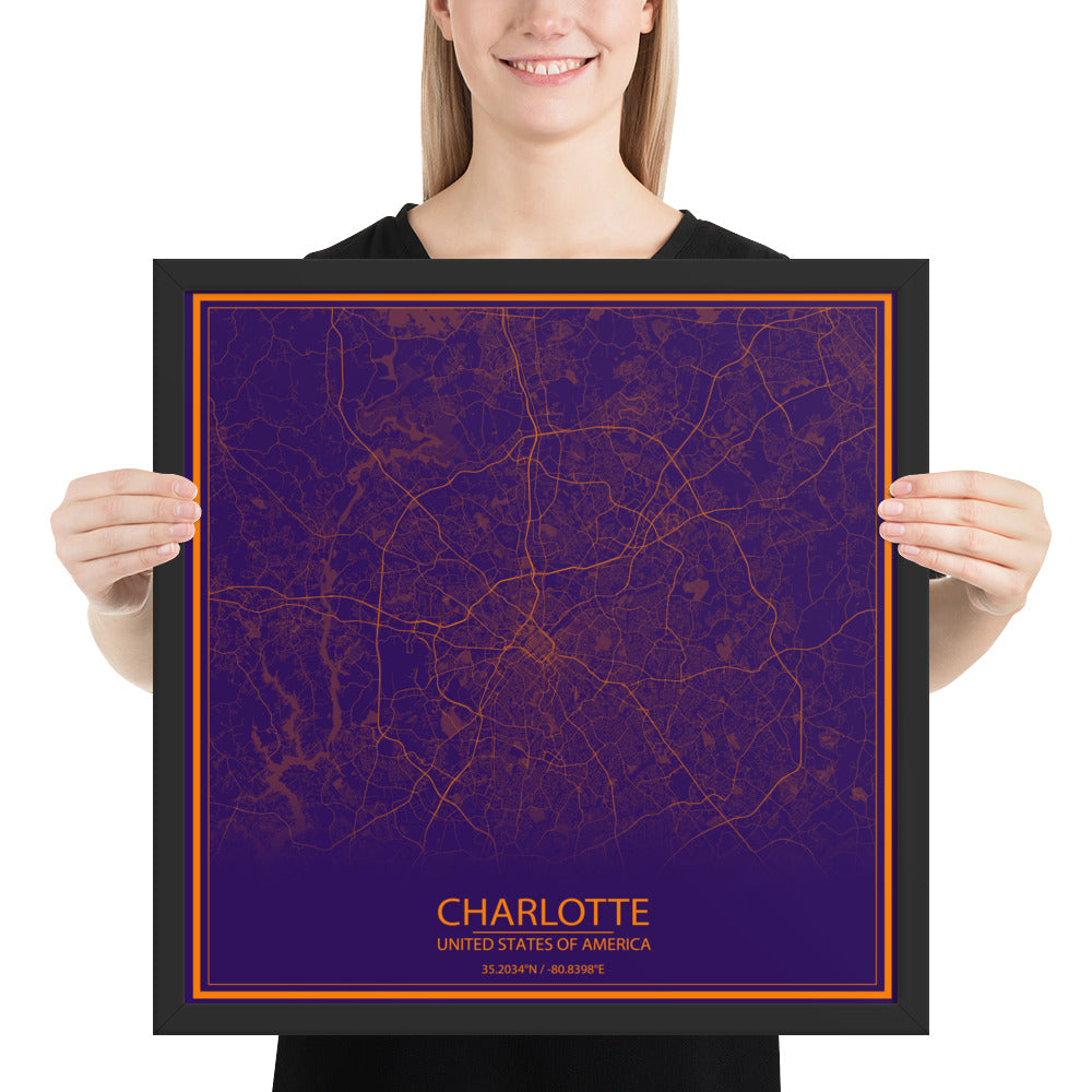 Charlotte Purple and Orange Framed Map