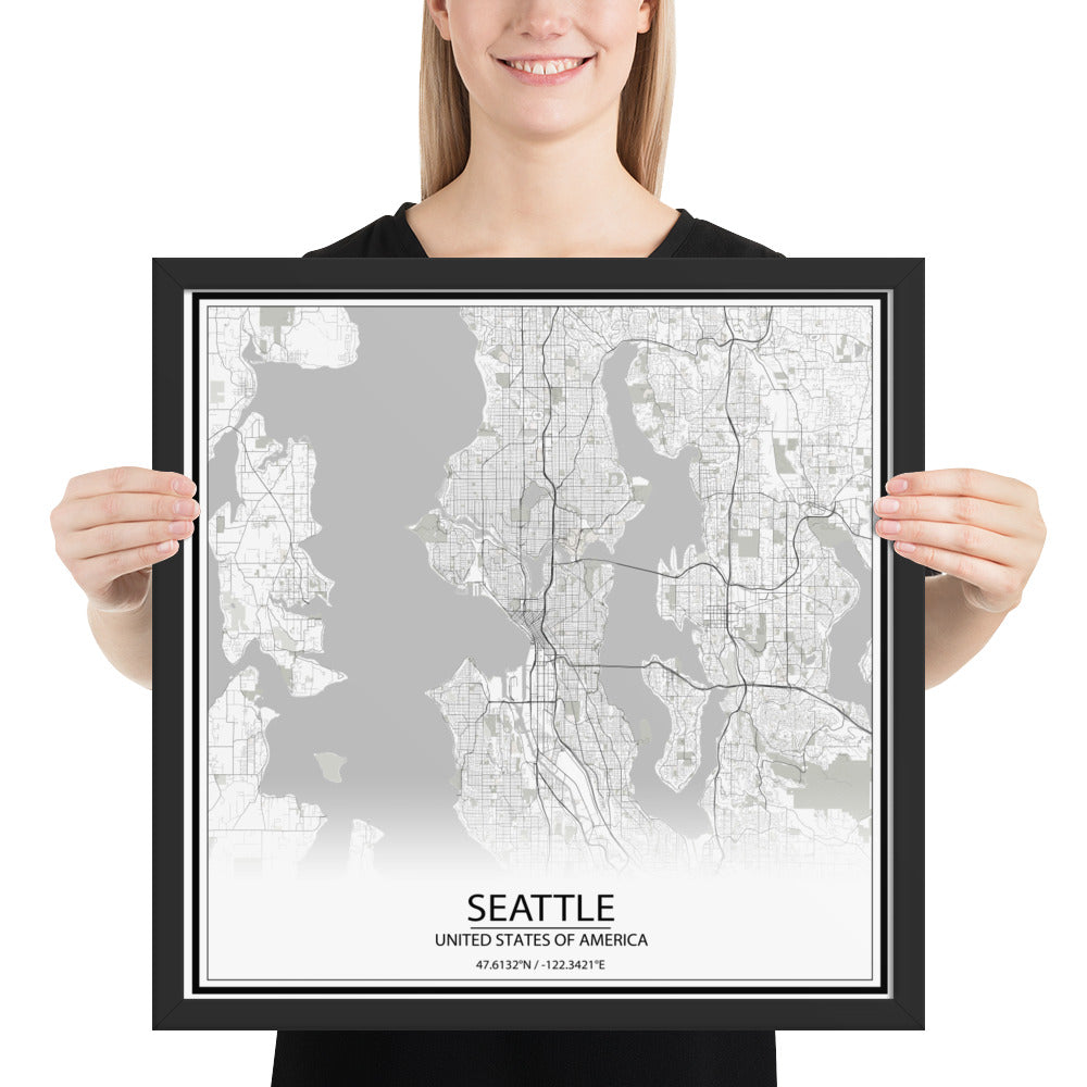 Seattle White Framed Map