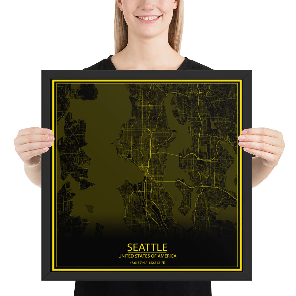 Seattle Black and Yellow Framed Map