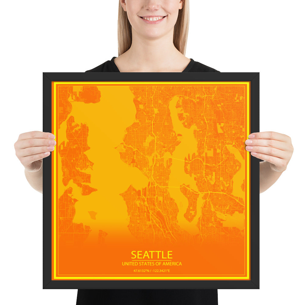 Seattle Orange and Yellow Framed Map